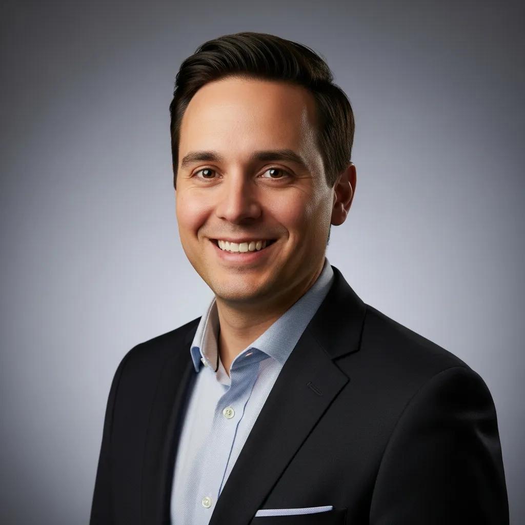 Professional headshot of a confident individual in a tailored suit, showcasing approachability and professionalism