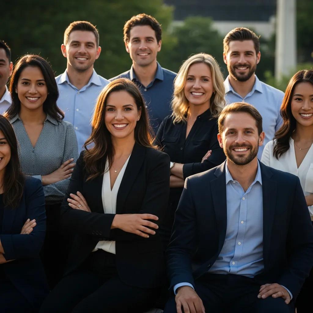 Professional headshot photography session outdoors with diverse individuals showcasing natural lighting and authentic expressions