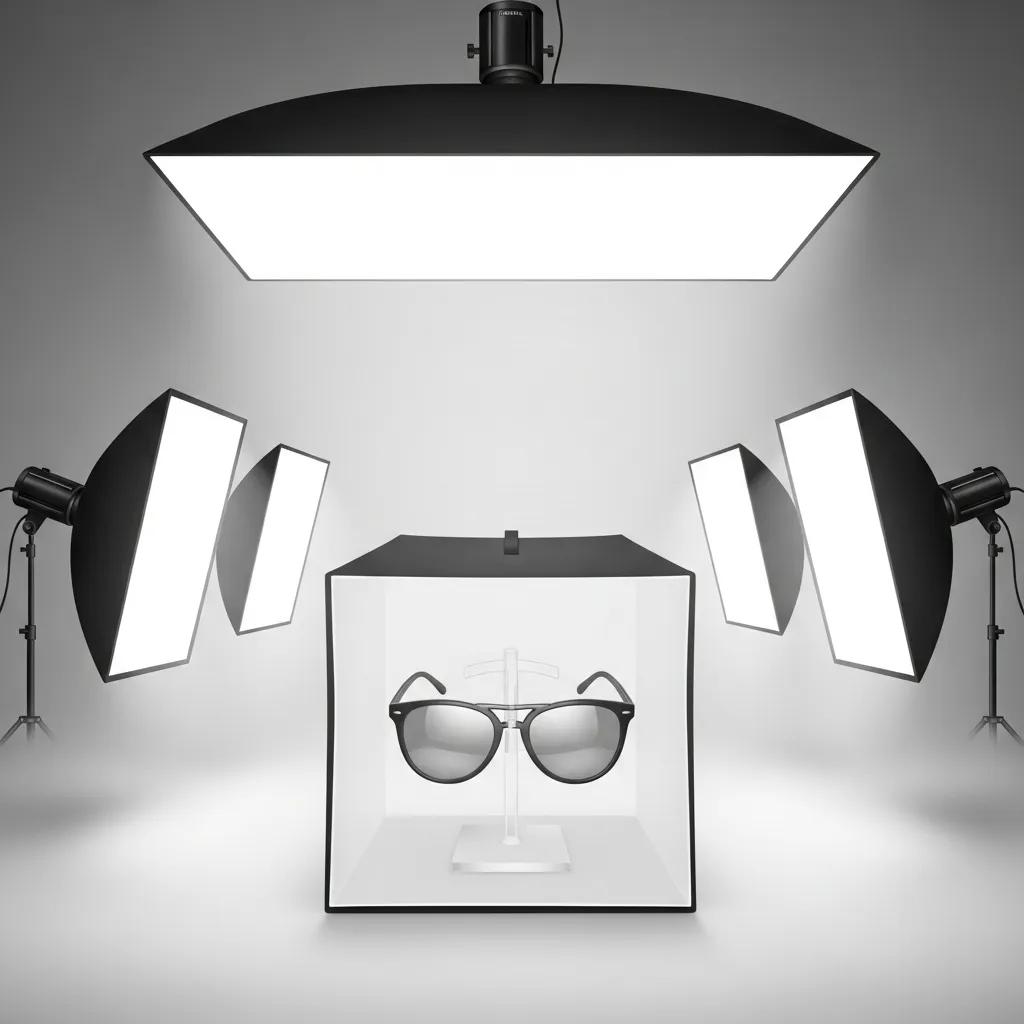 Controlled studio lighting for eyewear showing soft diffusion to reduce glare