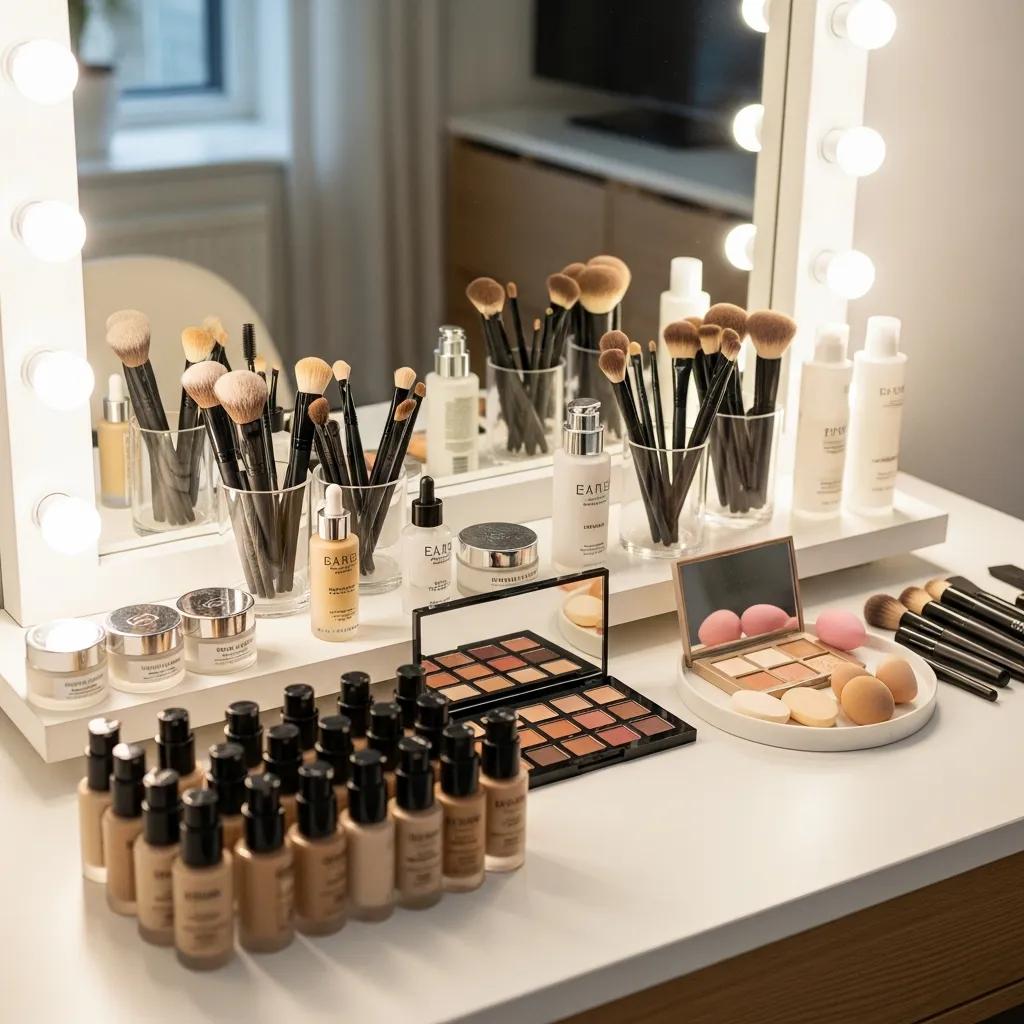 Professional makeup products arranged on a vanity for headshot preparation
