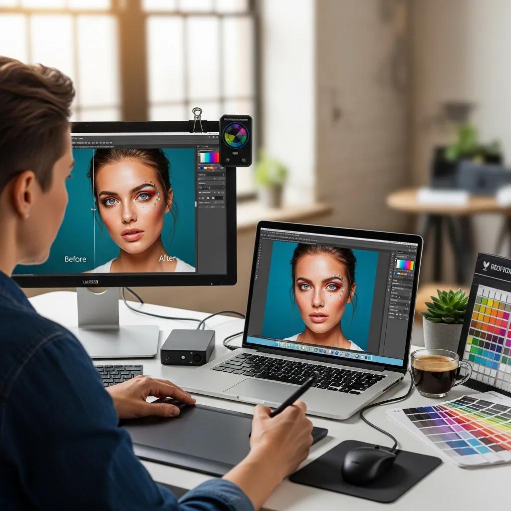 Professional photo retoucher working on advanced techniques for image enhancement