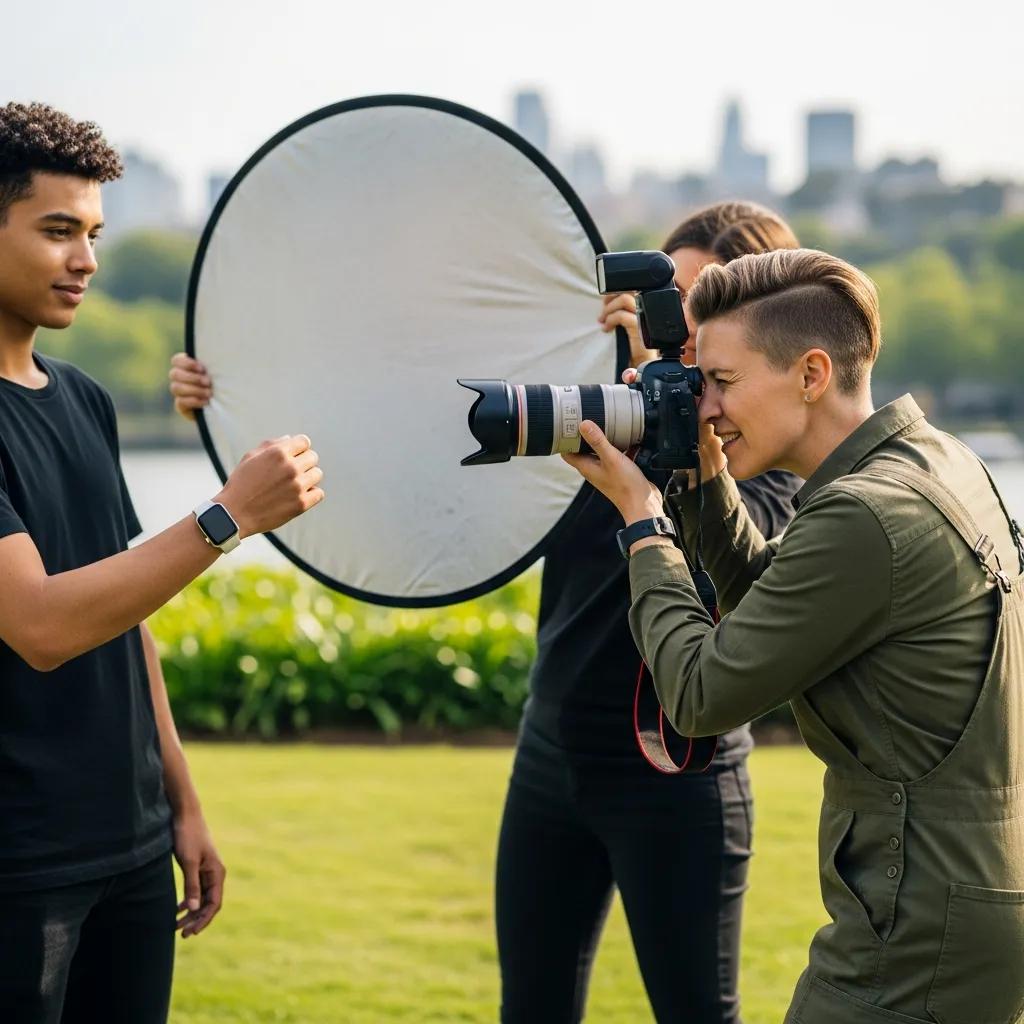 Photographer directing a model during an outdoor brand photoshoot