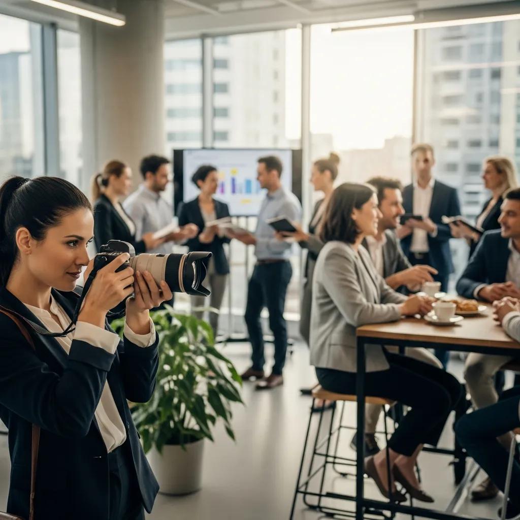 Professional photographer capturing a business event, emphasizing subscription-based photography services