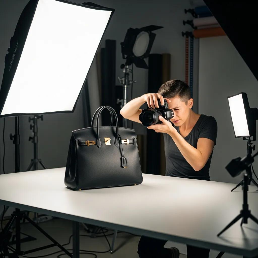 Photographer shooting a close-up of a luxury handbag in a studio setting