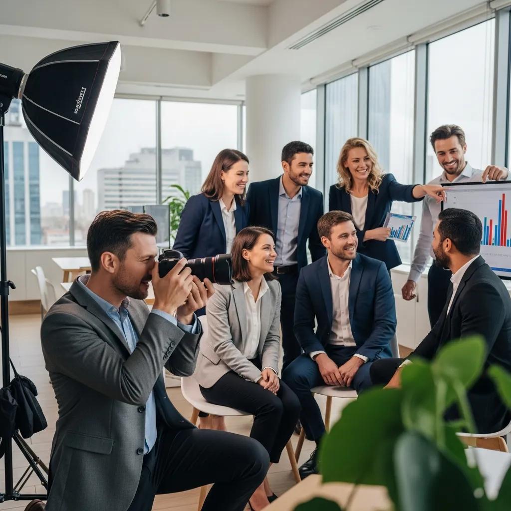 Professional photographer shooting a corporate team in a contemporary office