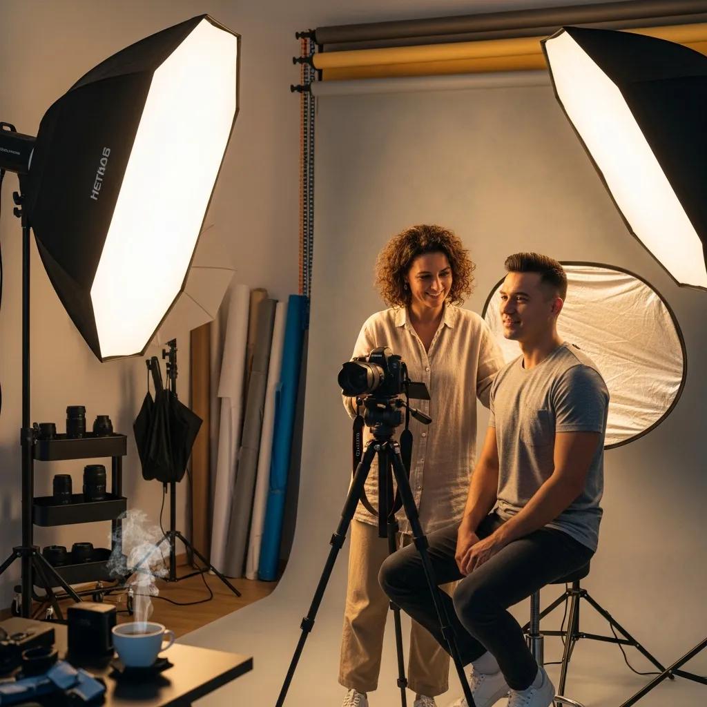 Professional photographer capturing a headshot in a cozy studio setting