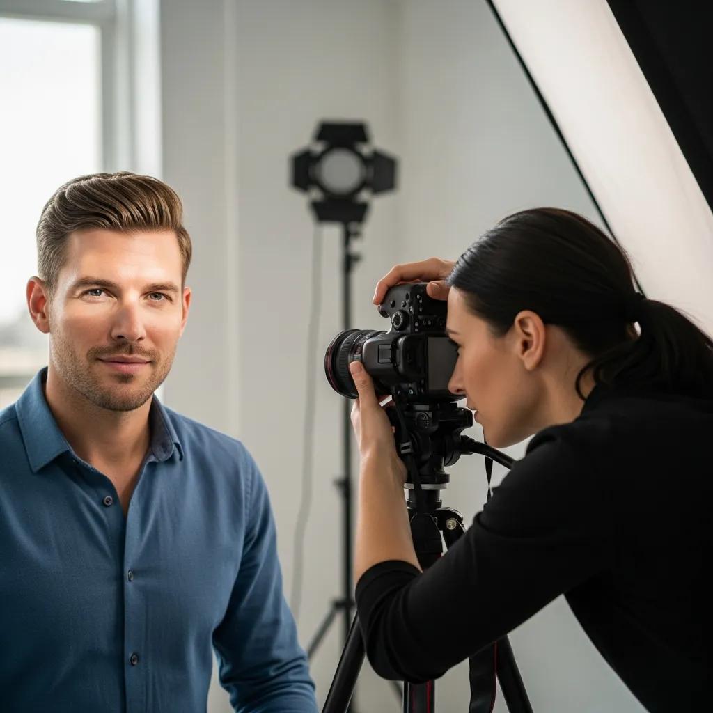 Professional photographer capturing a headshot in a studio setting, emphasizing personal branding
