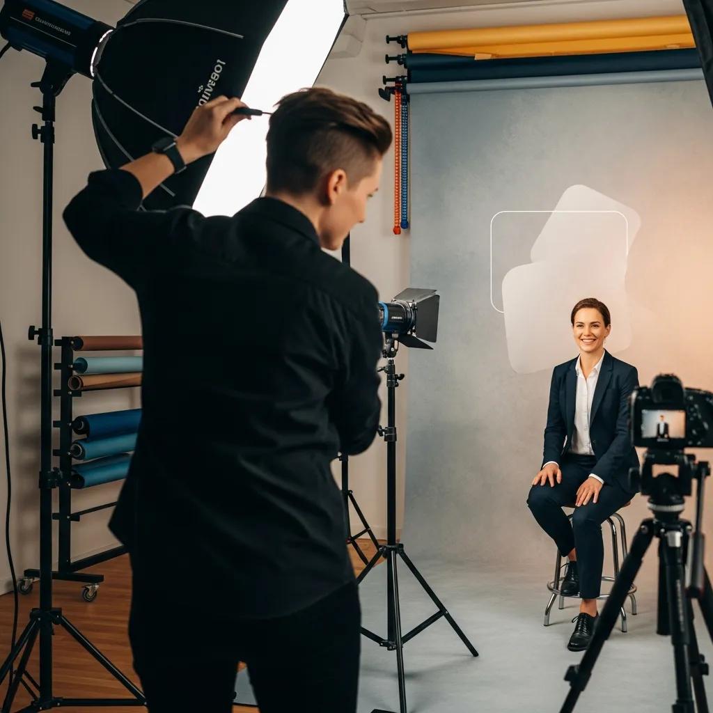Professional photographer capturing a headshot in a stylish studio, highlighting personal branding
