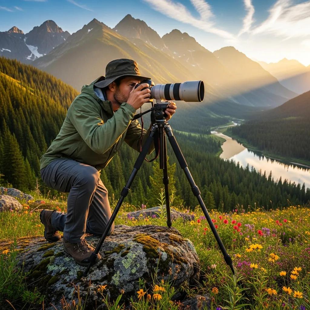 Professional photographer capturing a landscape, highlighting essential photography terms