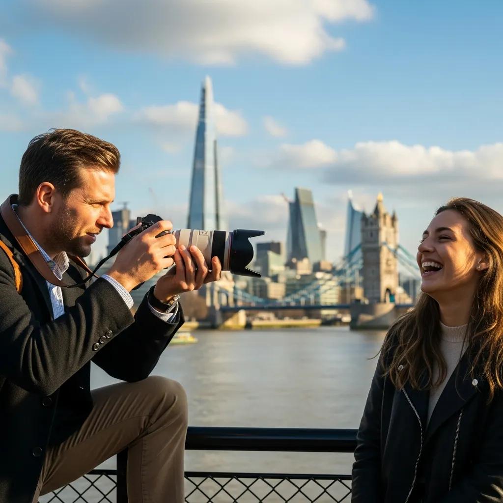Professional photographer capturing a portrait in London with the skyline in the background