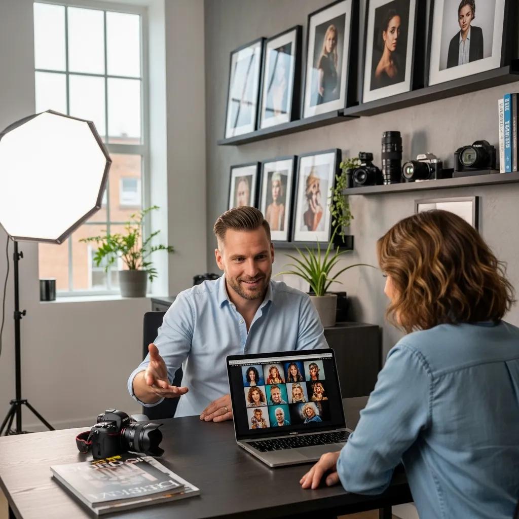 Professional photographer discussing portfolio with a client in a bright studio