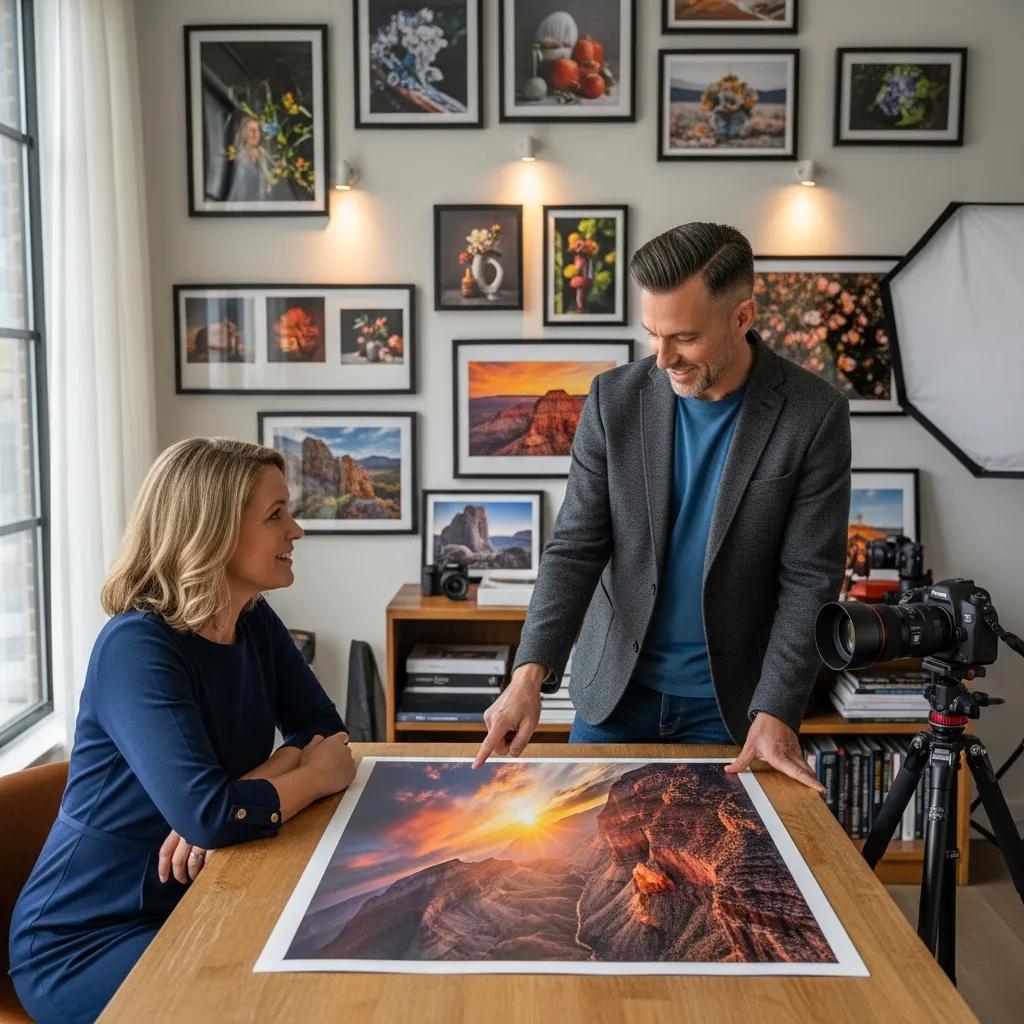 Professional photographer presenting a portfolio to a client in a studio