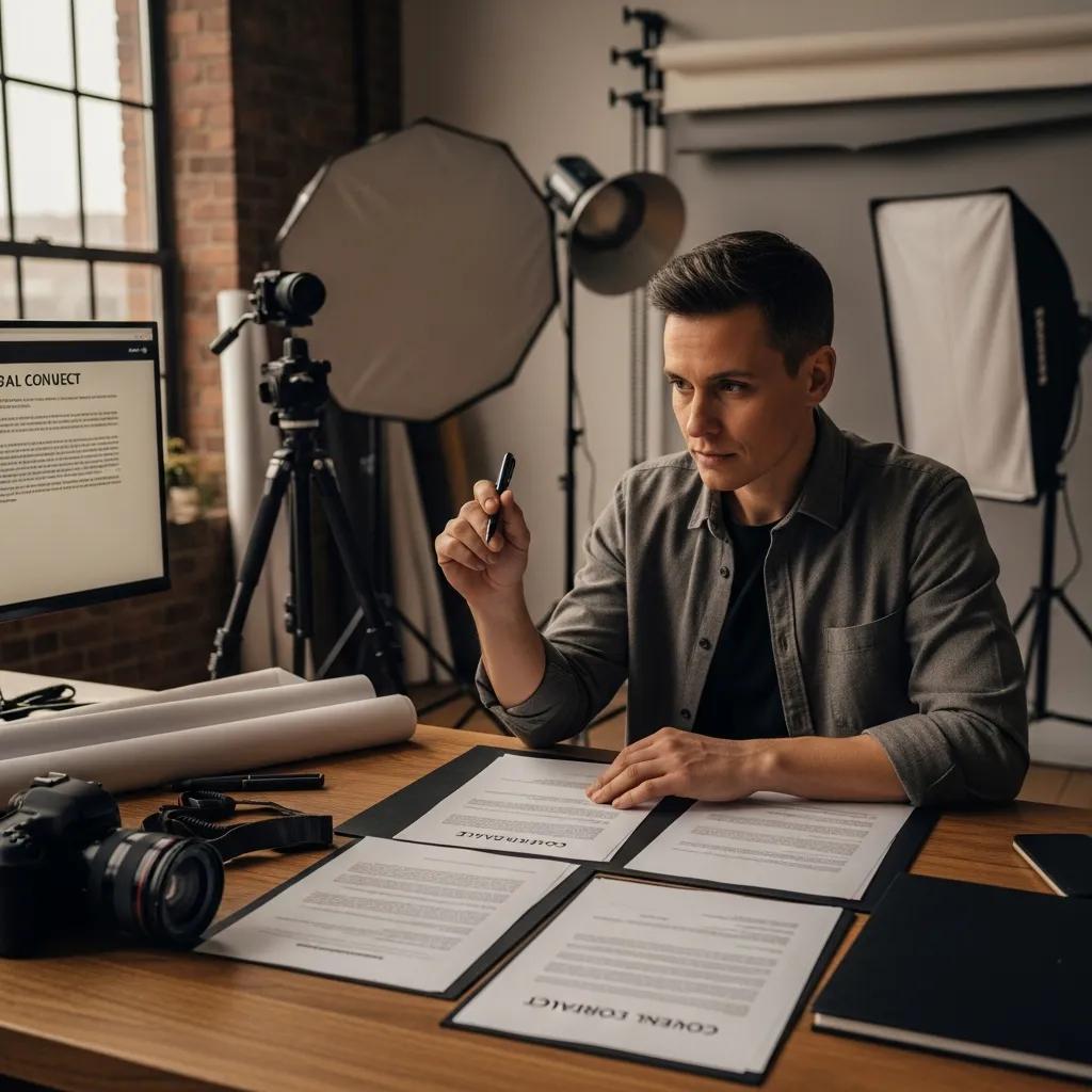 Professional photographer reviewing legal documents in a studio