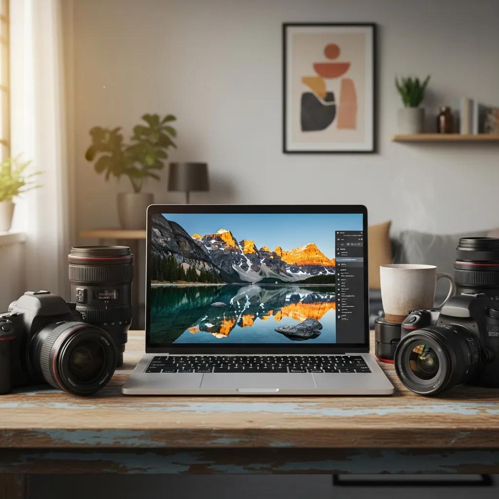 Professional photography portfolio displayed on a laptop in a creative workspace