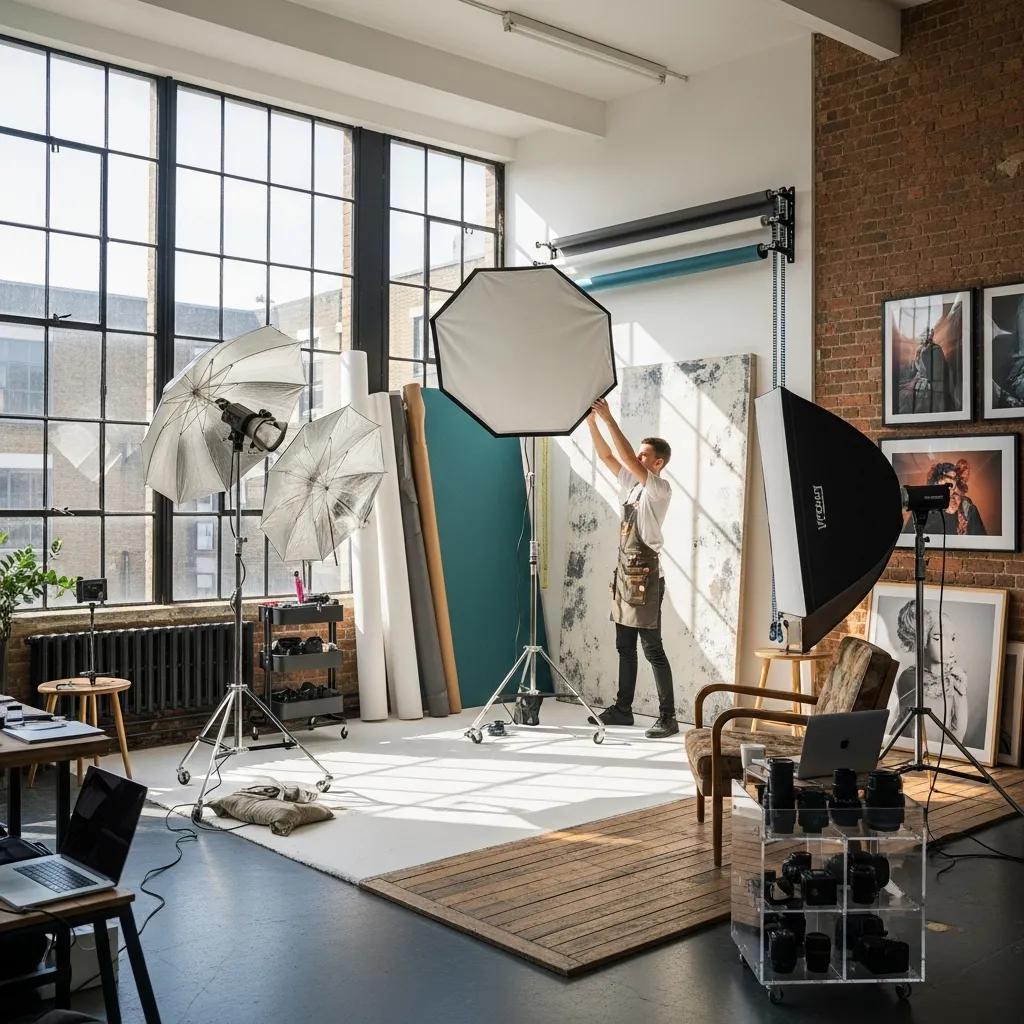 Professional photography studio in London with lighting equipment and backdrops