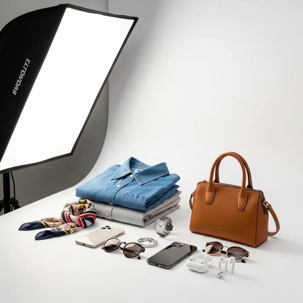Professional product photography setup with various ecommerce items on a clean background