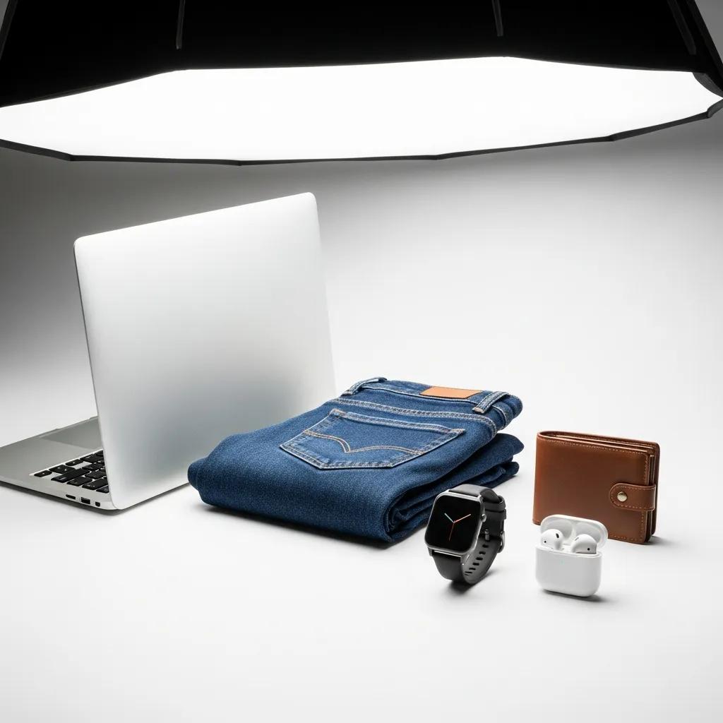 Professional white background product photography setup showcasing various products