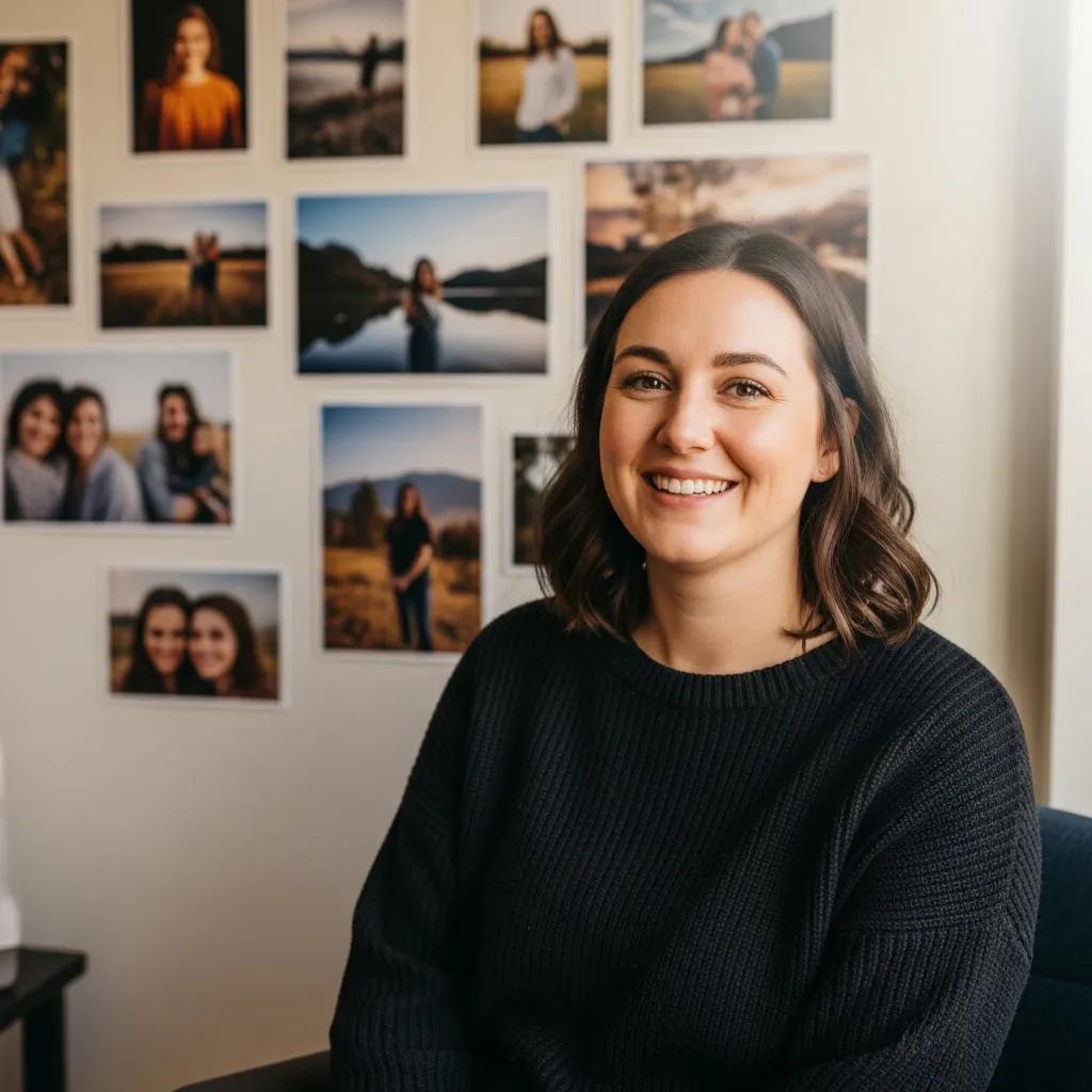 Happy client giving a testimonial next to framed photos