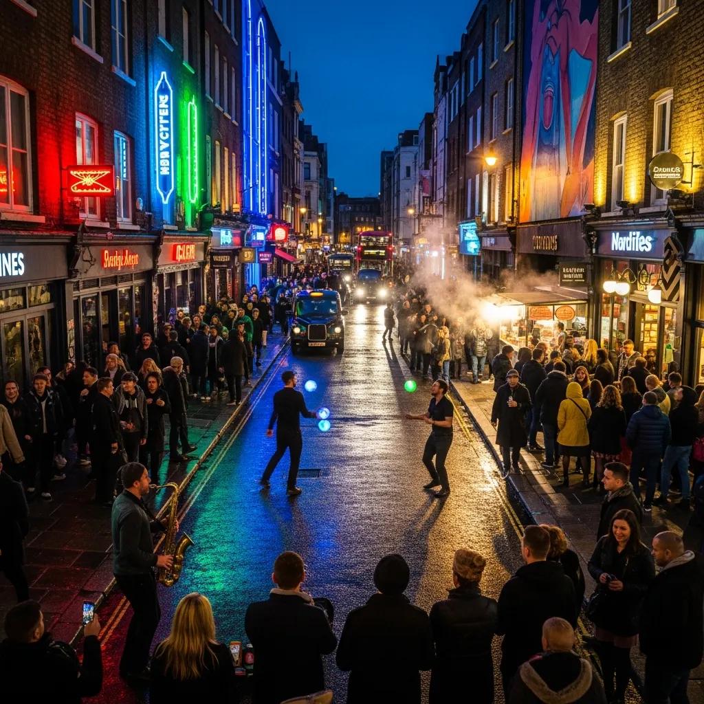 Soho at night with performers and lively crowds