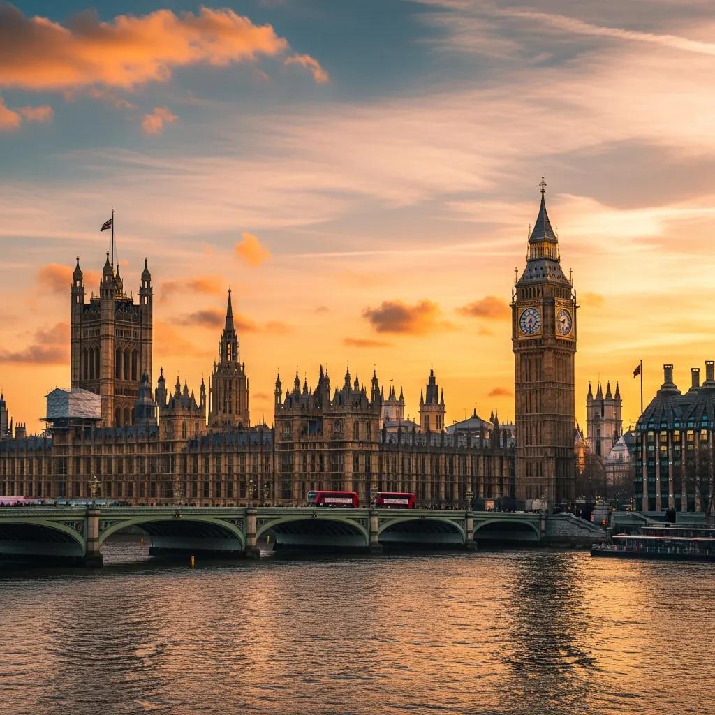 Stunning view of Big Ben and the Houses of Parliament during golden hour, highlighting London's iconic architecture