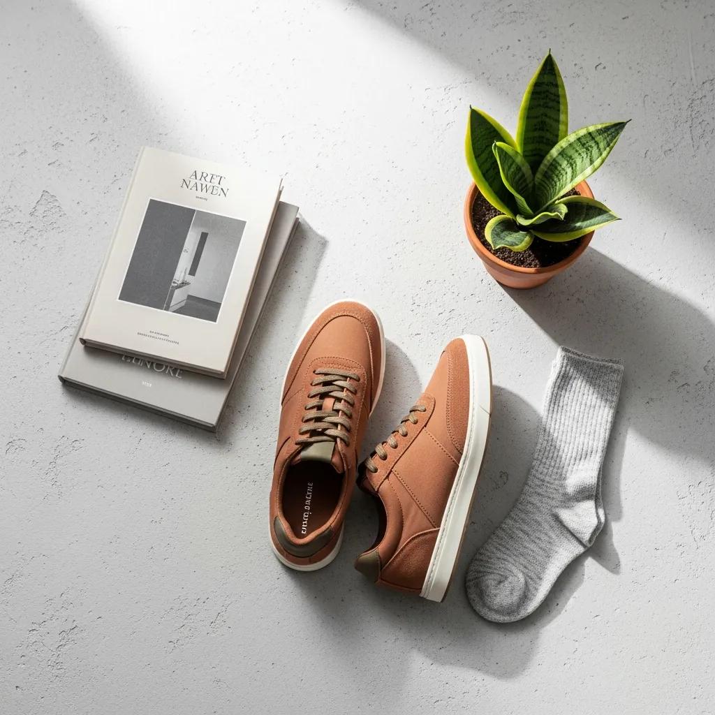 Footwear styled with minimal props and neutral backdrop for clear ecommerce presentation