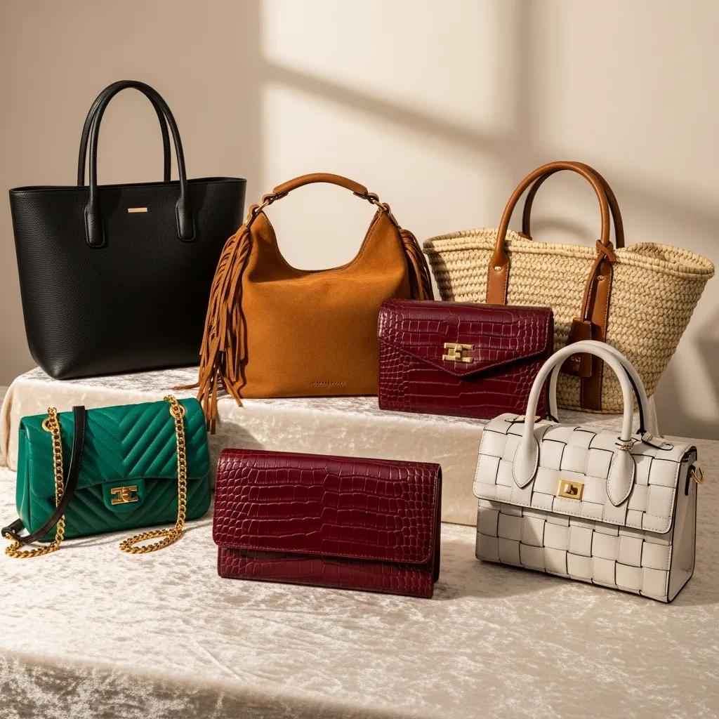 Stylish fashion bags showcasing various materials and colors on a neutral background