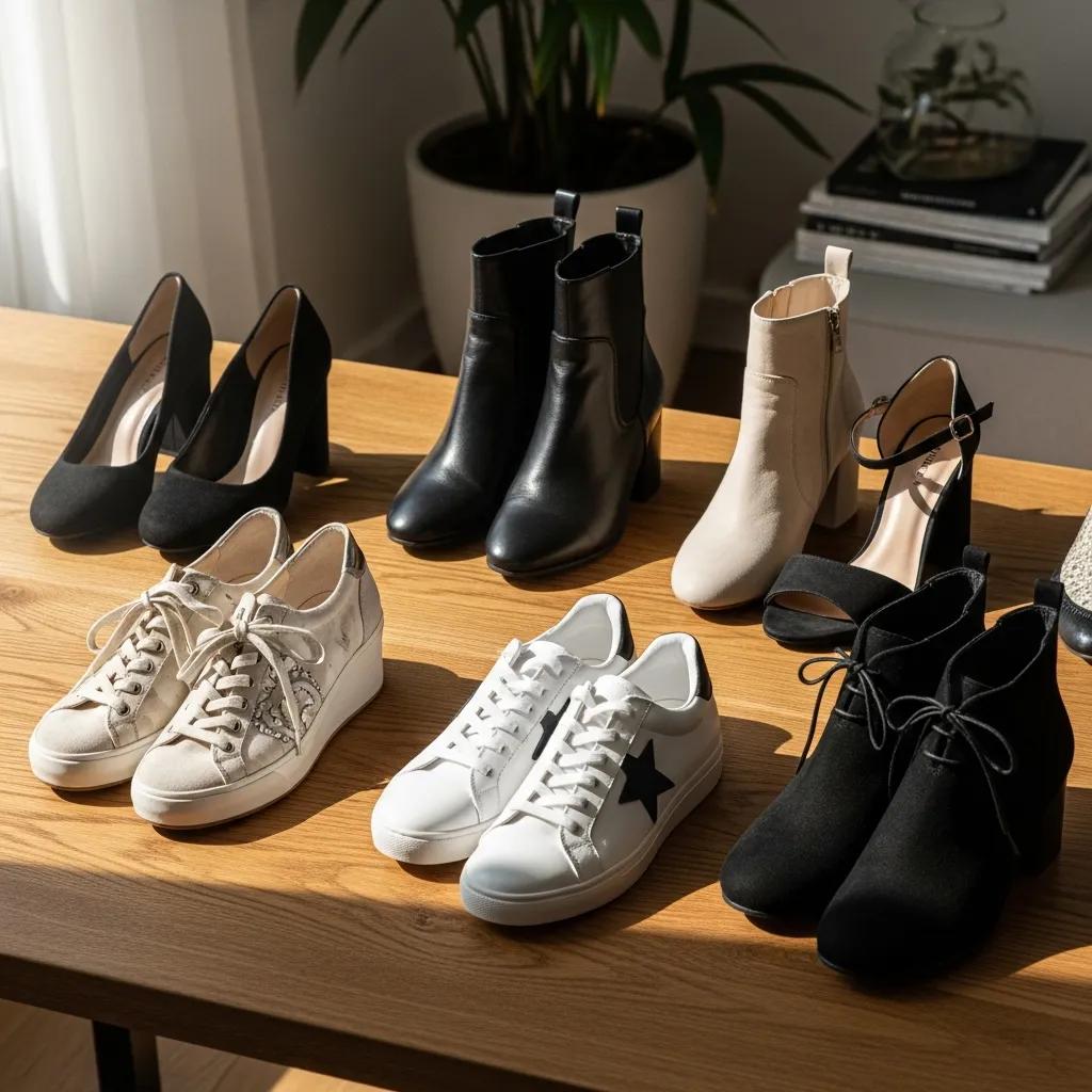 Stylish footwear arranged on a wooden surface, showcasing ecommerce photography techniques
