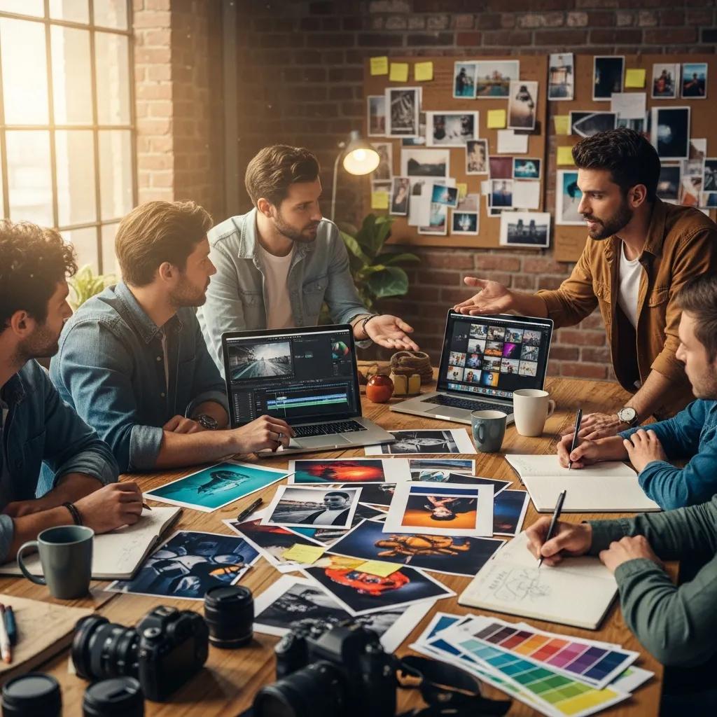 Creative team collaborating on a hybrid media shoot in a studio — showing an integrated visual workflow
