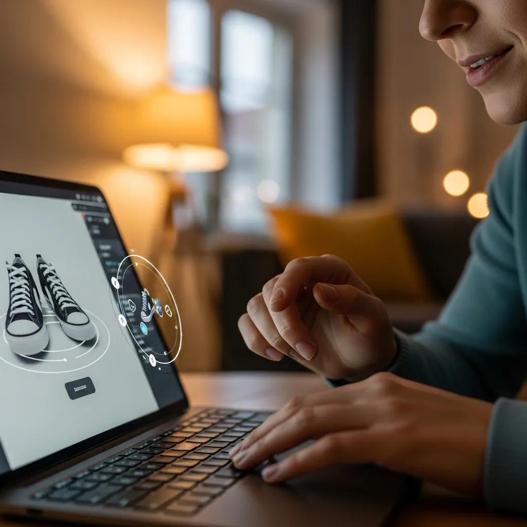 Person using a laptop to rotate a 360° product view of trainers, demonstrating engagement