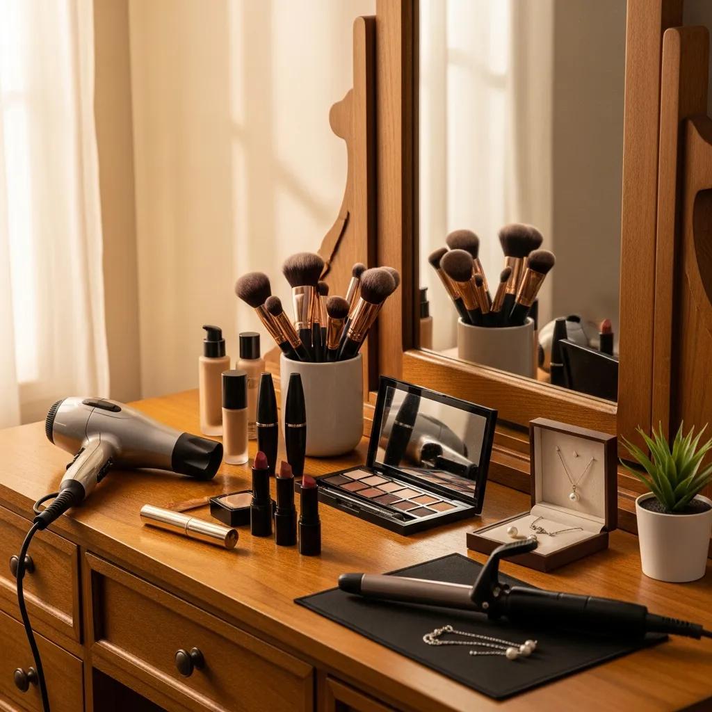 Neat vanity layout with makeup and accessories prepared for a headshot session