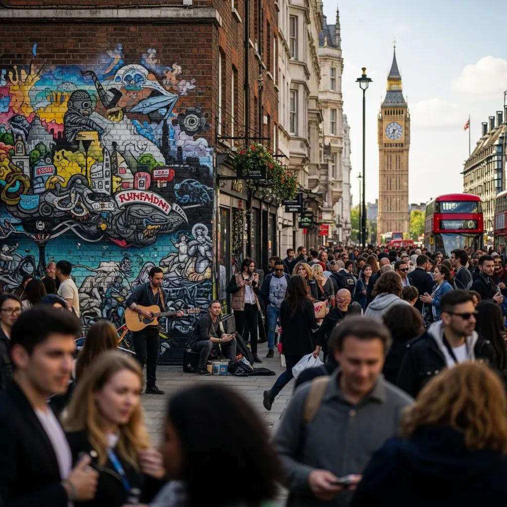 Vibrant street scene in London with diverse people and iconic landmarks