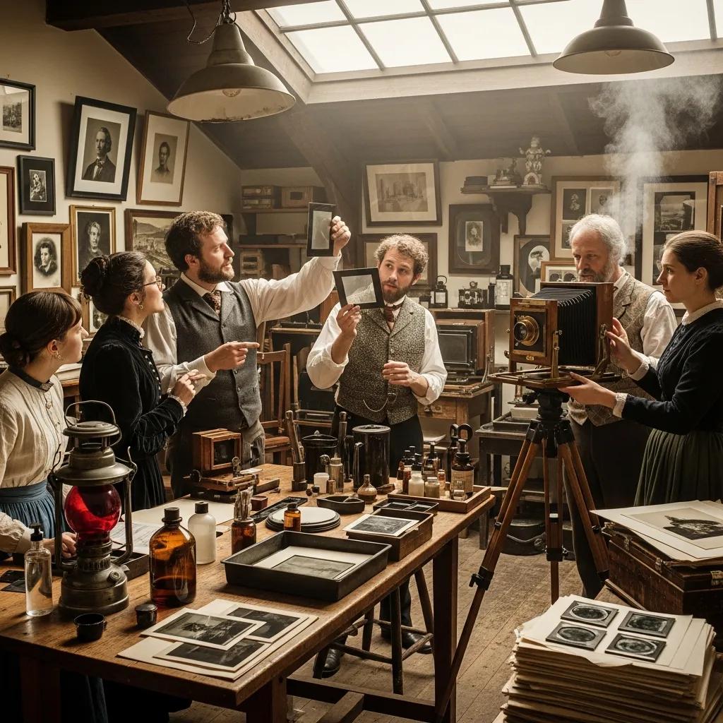 Victorian studio scene showing photographers at work and exchanging ideas