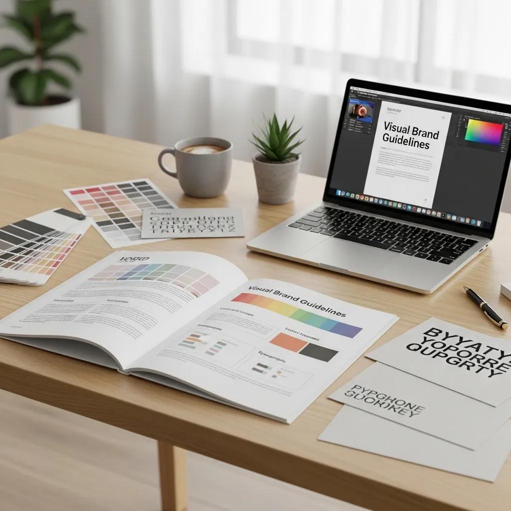 Open brand guidelines document beside designer tools on a workspace