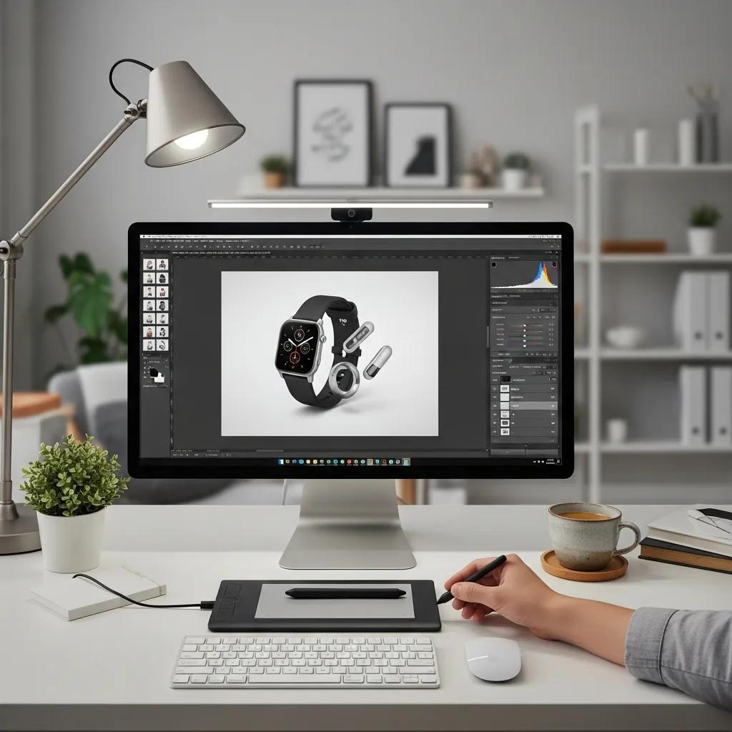 Editing workstation showing batch processing and colour correction for ecommerce images