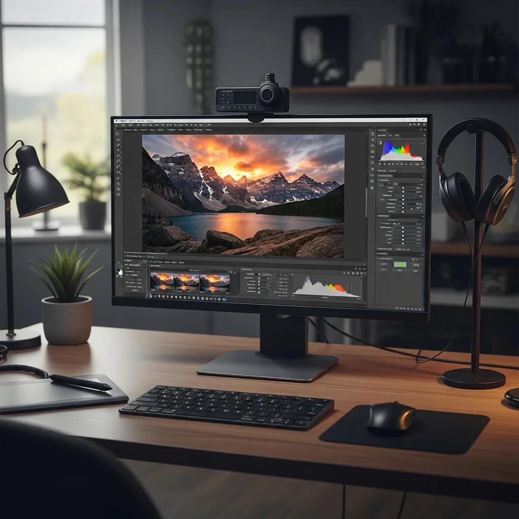 Editing workspace showing HDR software and an image being tone mapped on screen